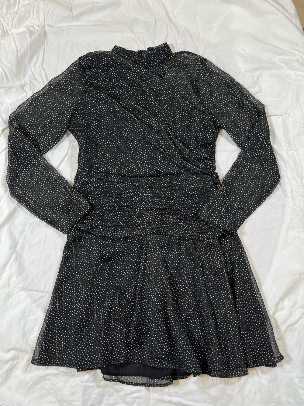 Zara Sheer Black polka dot long sleeve dress ruched waist size M